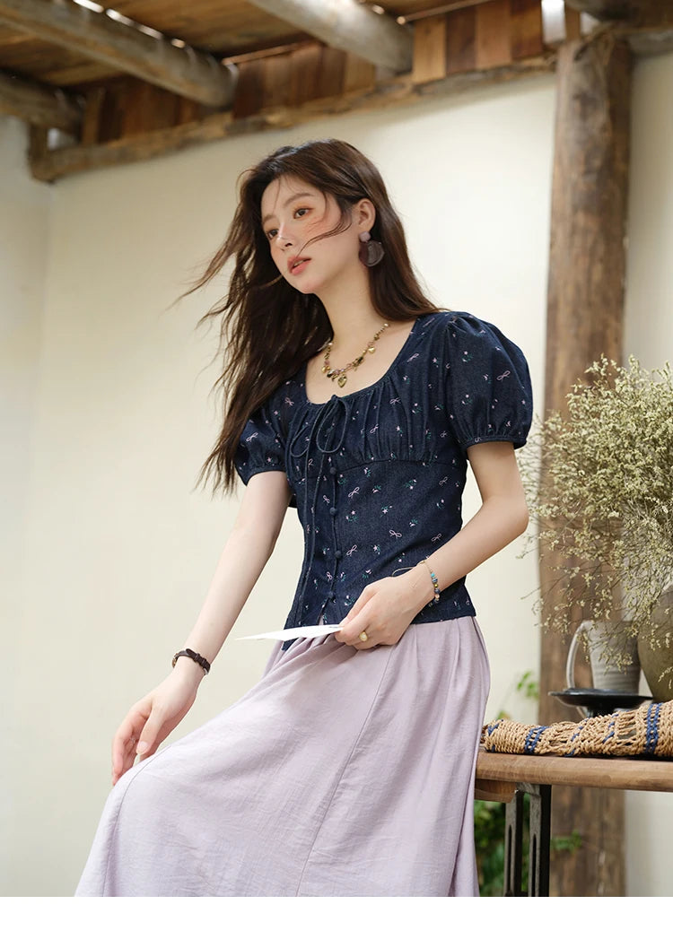 MISHOW Puff Sleeve Square Neck Blouse Lace Up Print Denim MXE39X1933