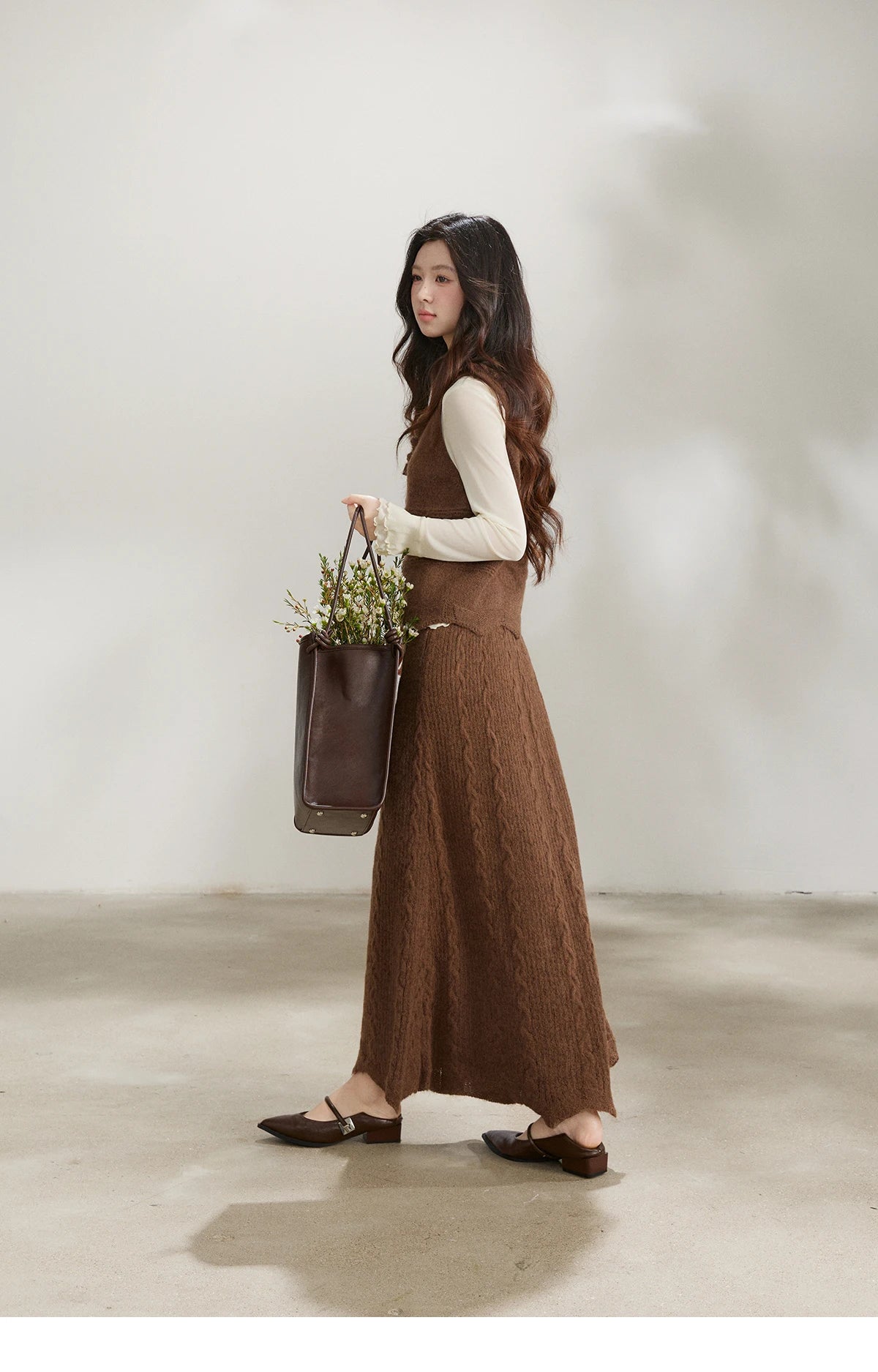Mishow Brown Knitted Vest & Cable Knit Maxi Skirt Set MXF11T1460