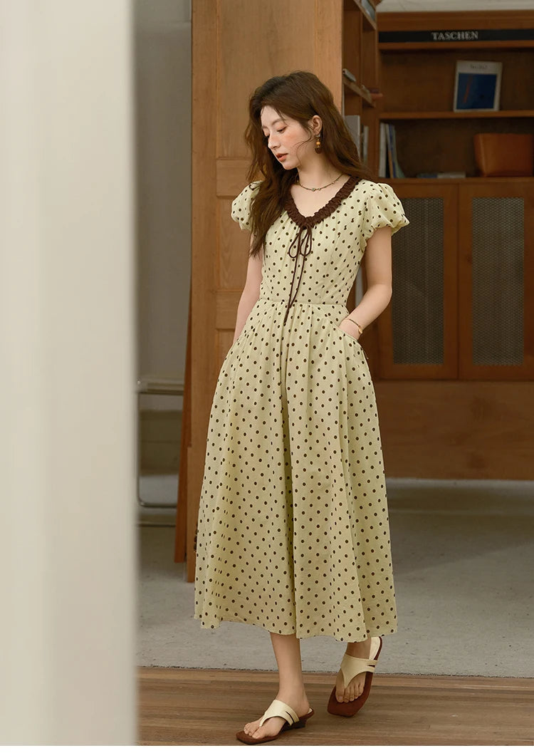Mishow Polka Dot V-Neck Lace Up Puff Sleeve Dress MXE39L2326