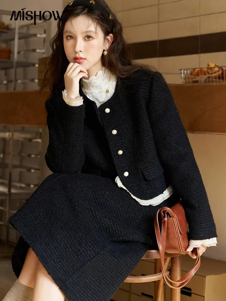 Mishow Wool Blend Short Coat & Rear Split A-Line Skirt Set MXC56W0162