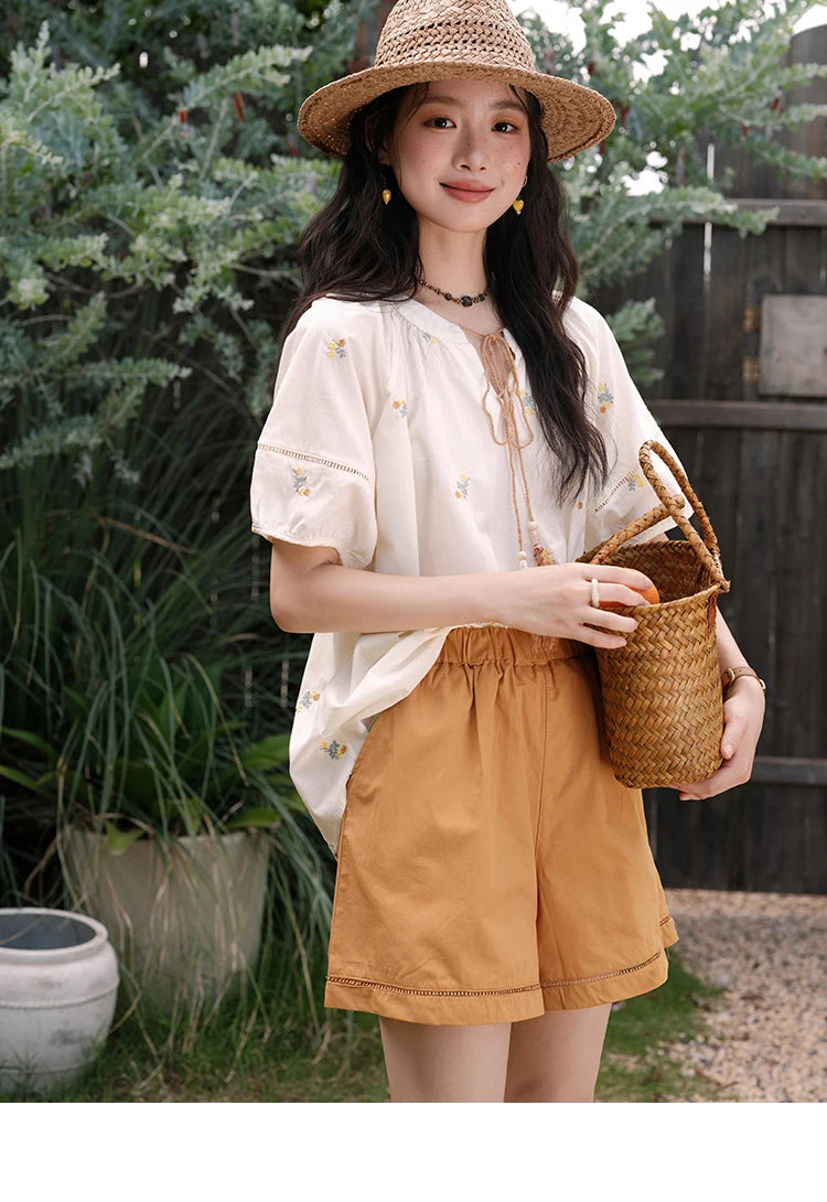 Mishow Puff Sleeve Lace-Up Top & Elastic Waist Shorts Set MXE38T0684