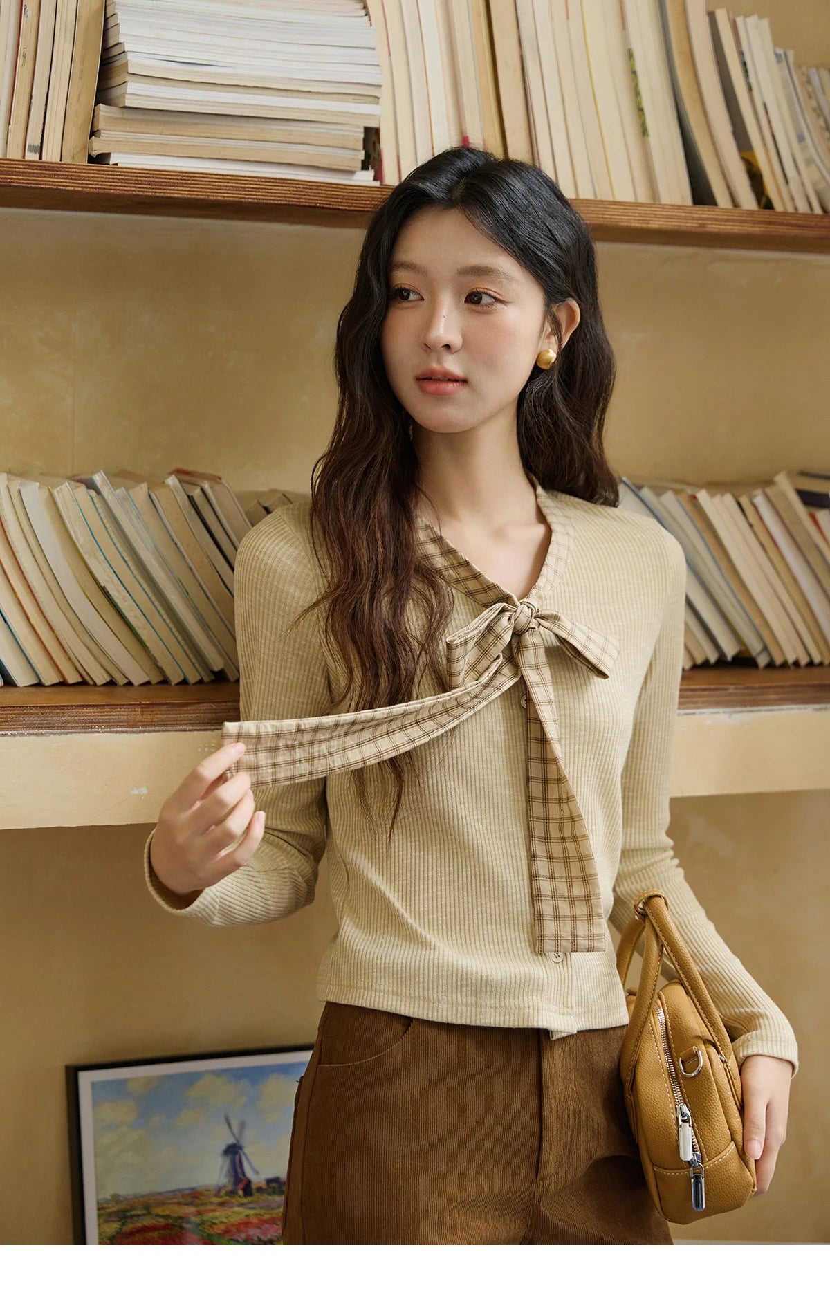 Mishow Yellow Vintage Plaid Bowknot V-Neck Cardigan MXE16Z1168