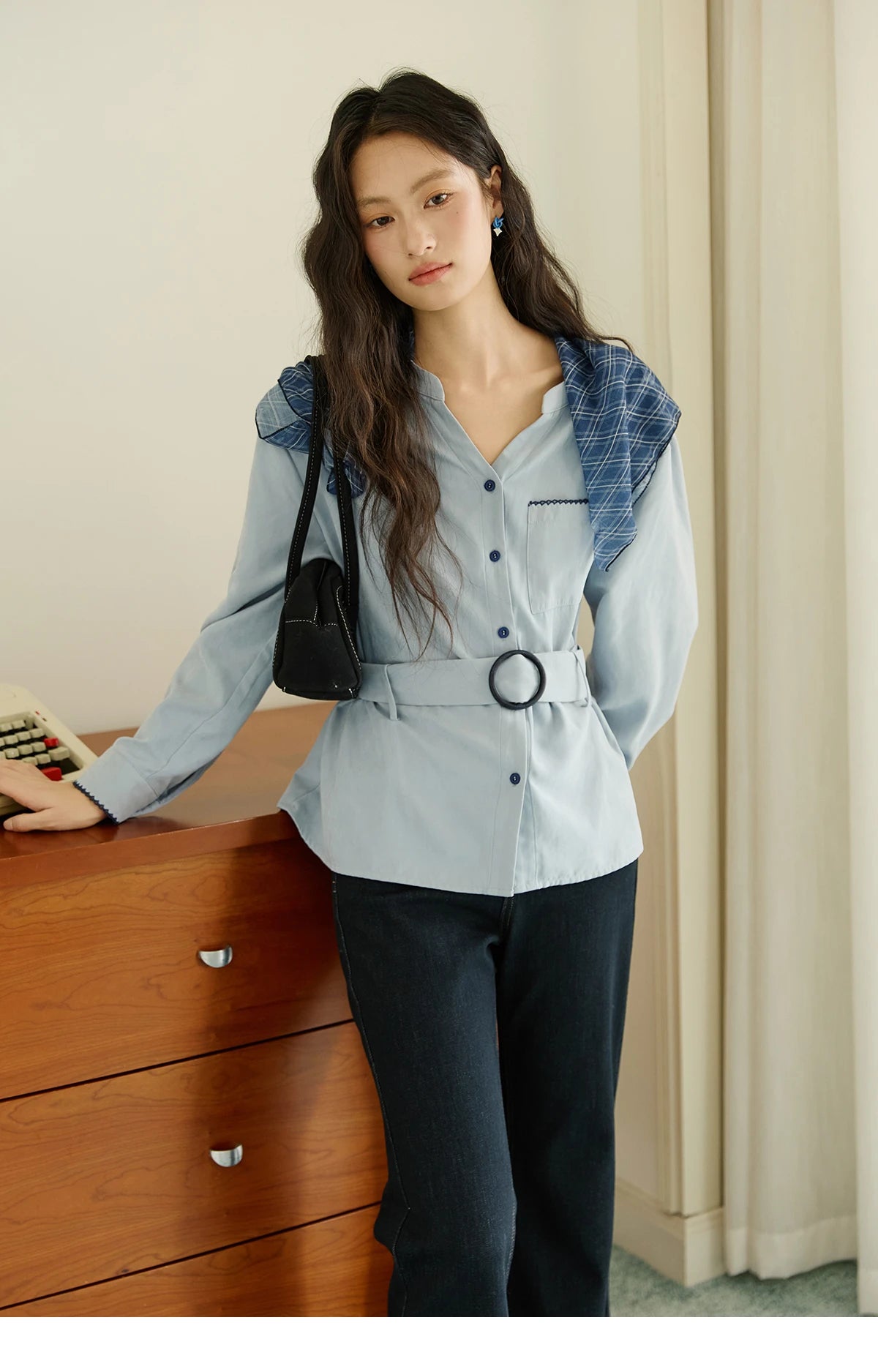 MISHOW Haze Blue Velvet Shirt Contrast Color Waist Sash MXE47X2497