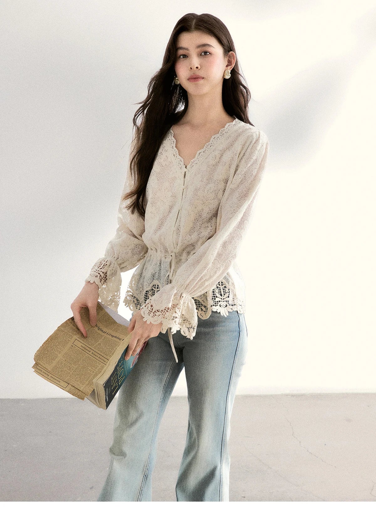 MISHOW Lace V-Neck Blouse Drawstring Waist Ruffled Hem MXF108X0998