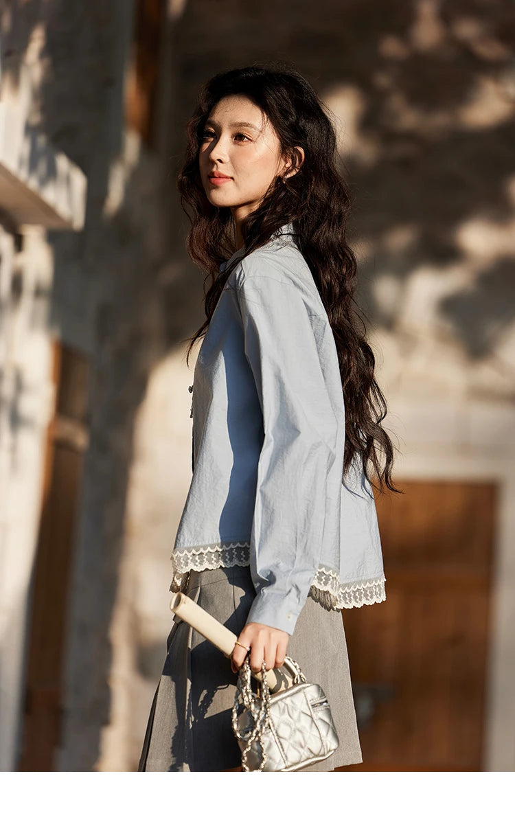 MISHOW Cotton Blue Shirt Hem Lace Lapel Collar MXE12C0410