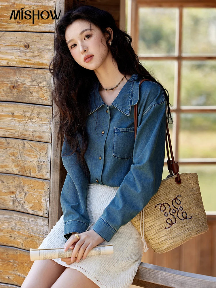 MISHOW Washed Denim Shirt Double Layered Patchwork Collar Metal Buckle MXE12C0751