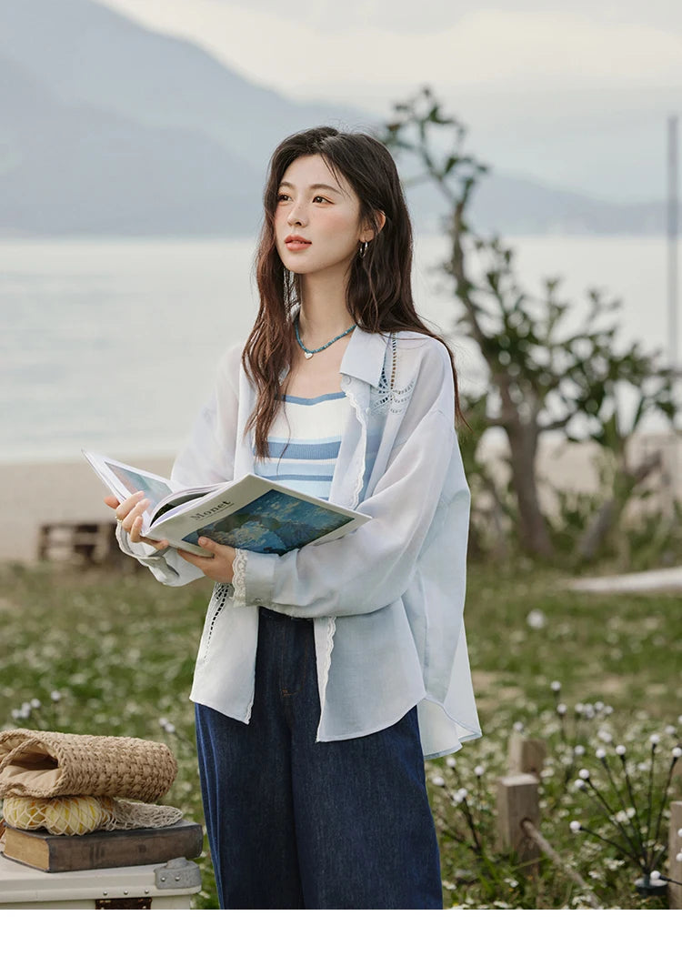 MISHOW Blue Hollow Embroidery Blouse Long Sleeve MXE31C0775