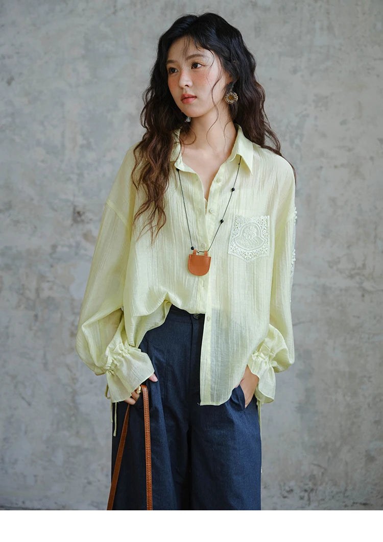 MISHOW Women's Patchwork Lace Shirt Lapel Drop Sleeve Drawstring Cuffs MXE31C0789