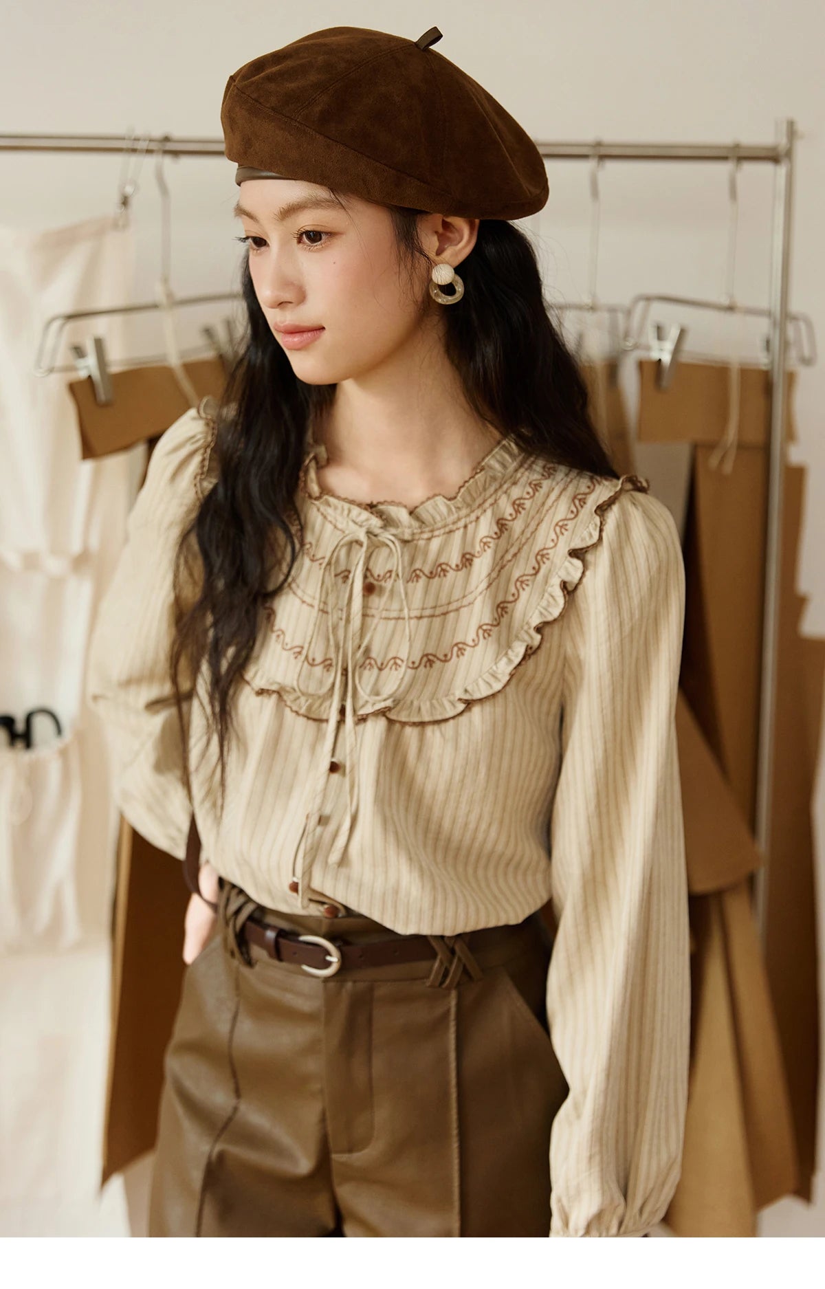 MISHOW Striped Shirt Wood Ear Edge Round Neck Embroidery MXE46X2492