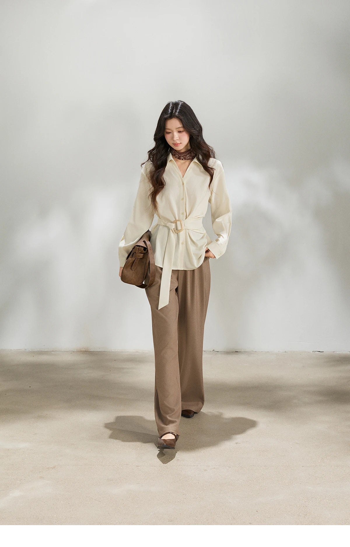 MISHOW Lapel Collar Shirt with Belted Waist Soft Beige MXF13C2452