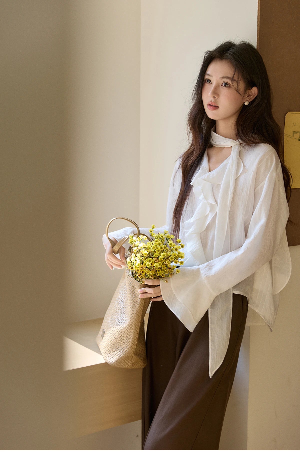 MISHOW Ruffle Trim Chiffon Blouse Detachable Scarf MXF108X0999