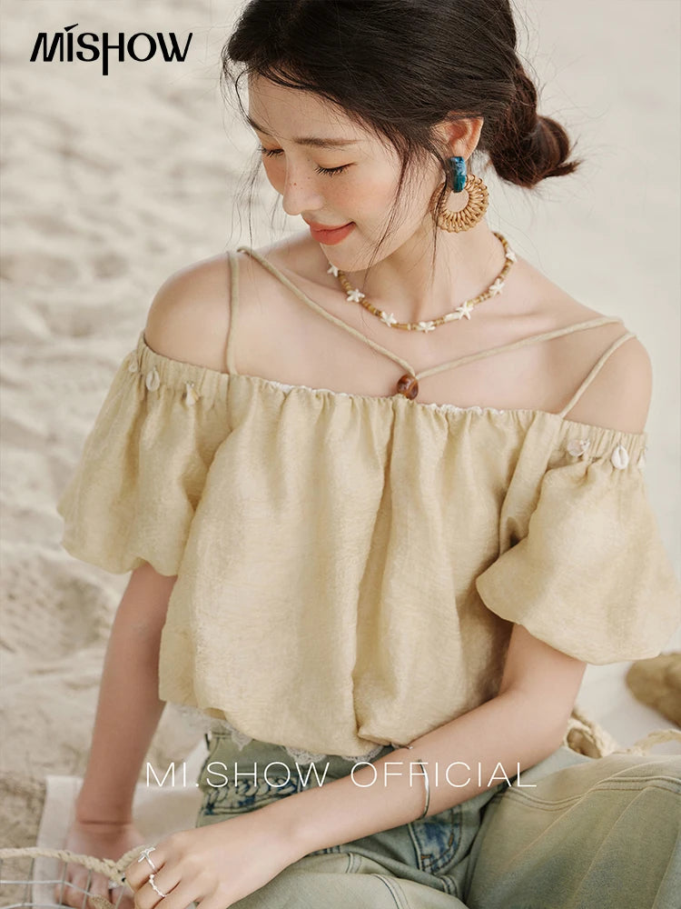 MISHOW French Camisole Shirt Off-Shoulder Lace Puff Sleeve MXE33X1755