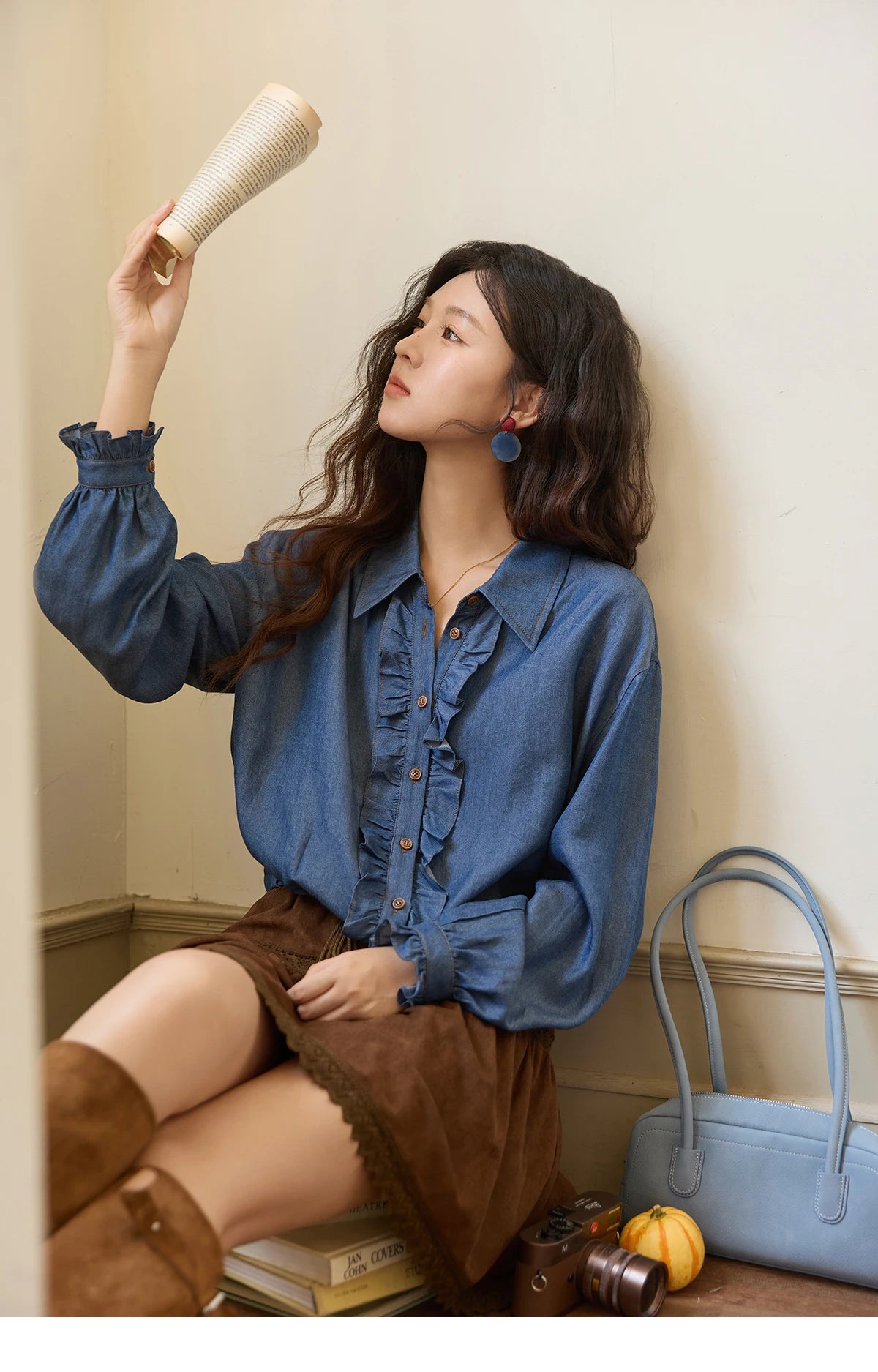 MISHOW Blue Lyocell Denim Shirt Ruffled Placket Waist Cinc MXE43C2386