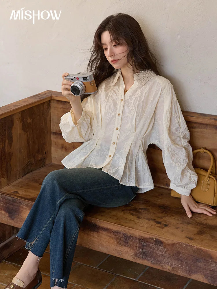 MISHOW French Lace Blouse Lantern Sleeve Ruffle Hem MXE42C2372