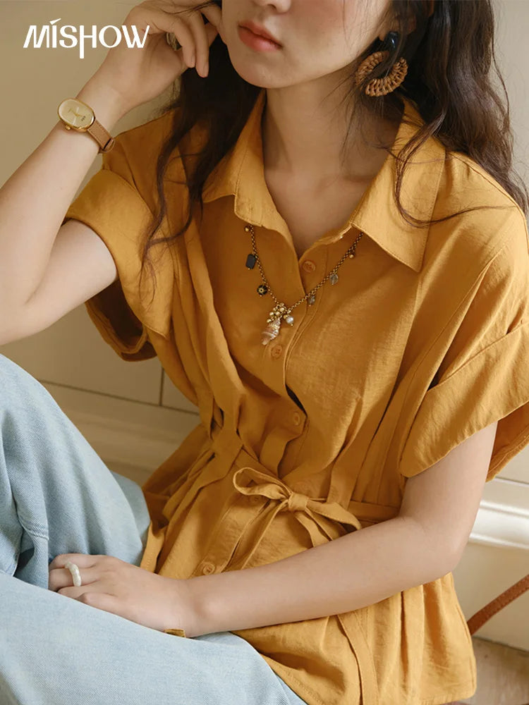 MISHOW Orange Lace Up Button Shirt Turn-Down Collar MXE37C0809
