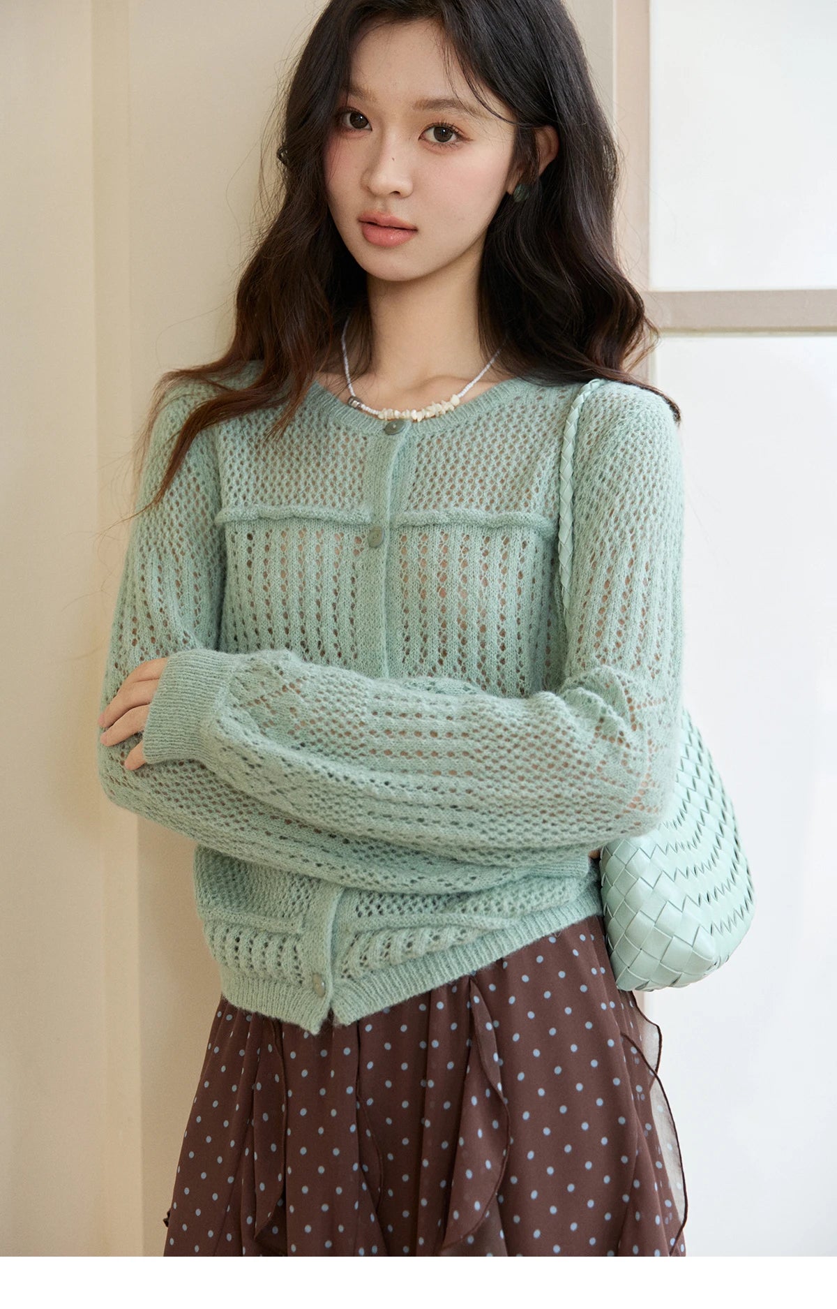 Mishow Mint Green Crew Neck Hollow Cardigan MXF108Z1046