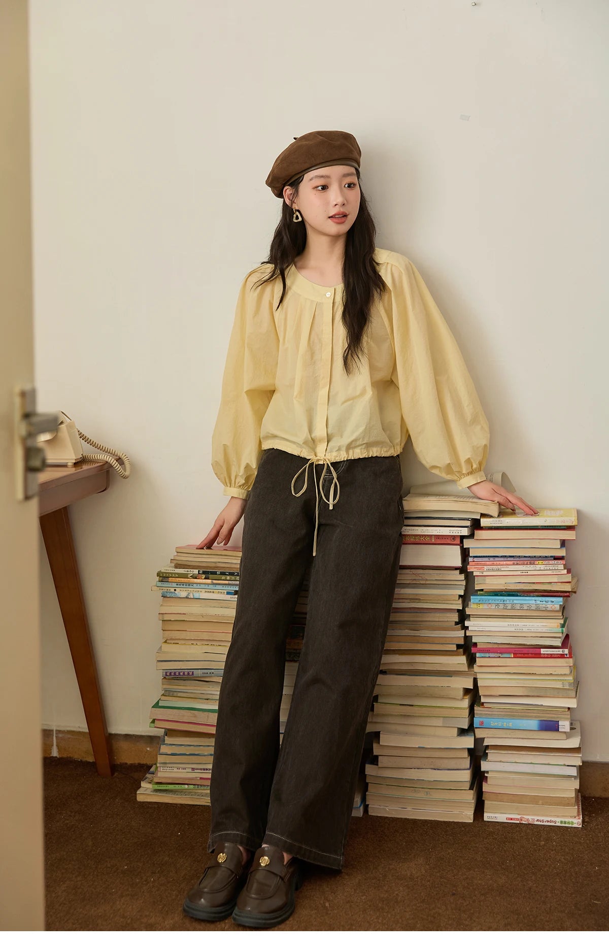 MISHOW Light Yellow Pleated Shirt Drawstring Hem Lantern Sleeve MXE45X2490
