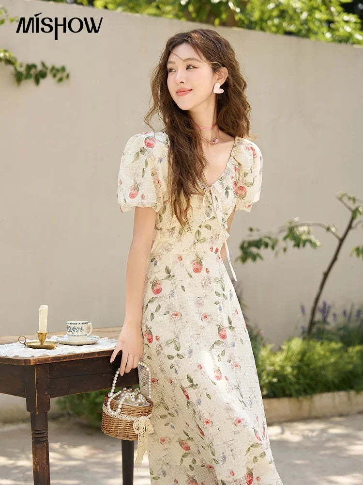 Mishow French A-Line Ruffled V-Neck Puff Sleeve Dress MXC33L1465