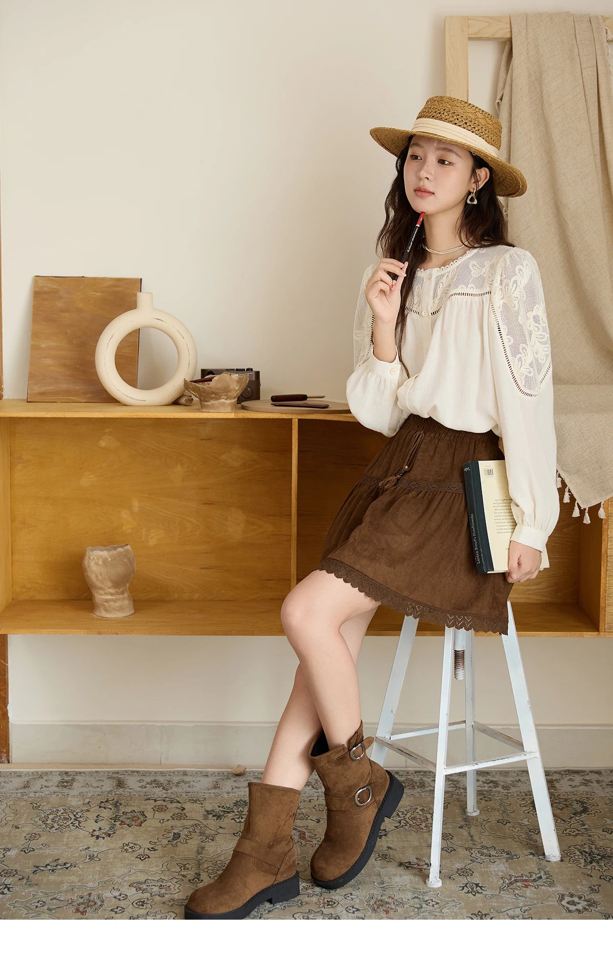 MISHOW Beige Hollow Out Embroidery Shirt O-Neck MXE44X2498