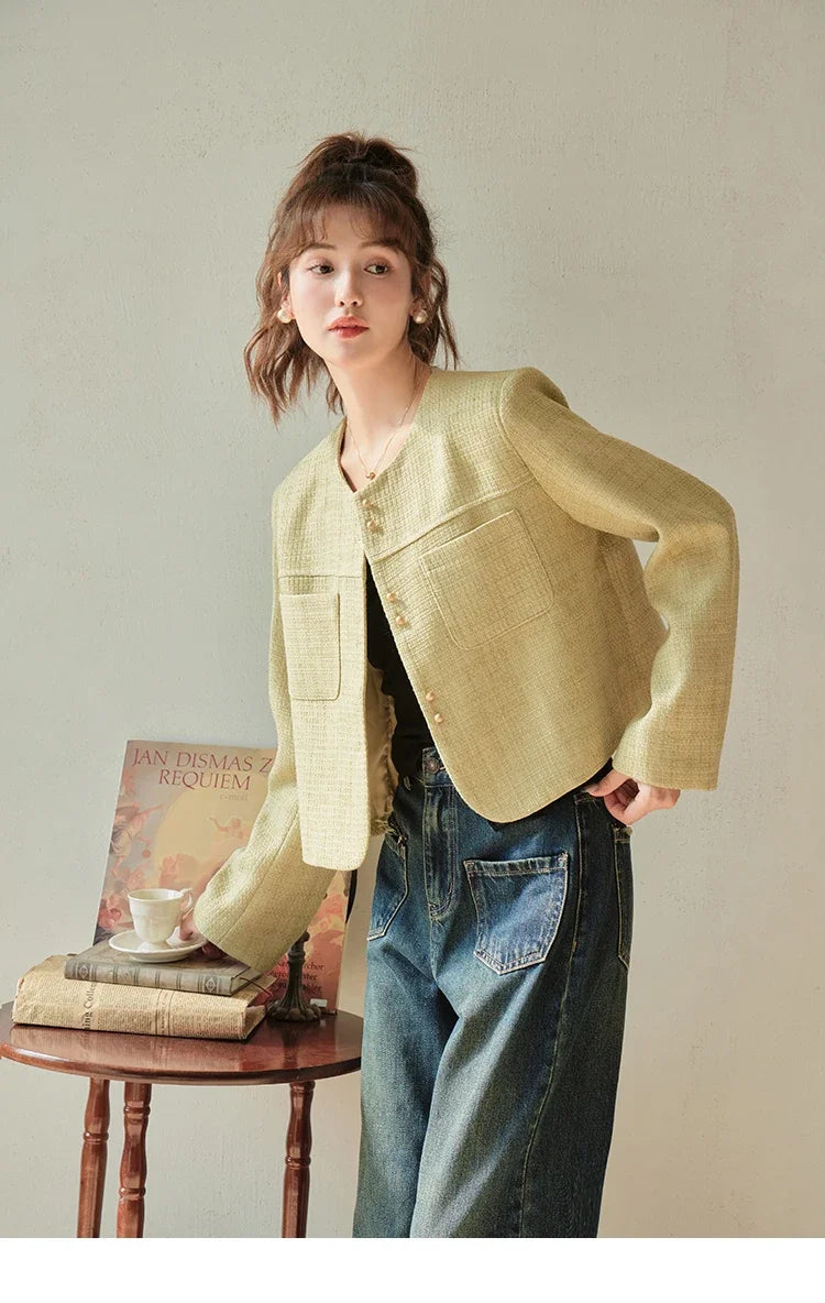 Mishow Retro Round Neck Gold Button Jacket MXC44W0072