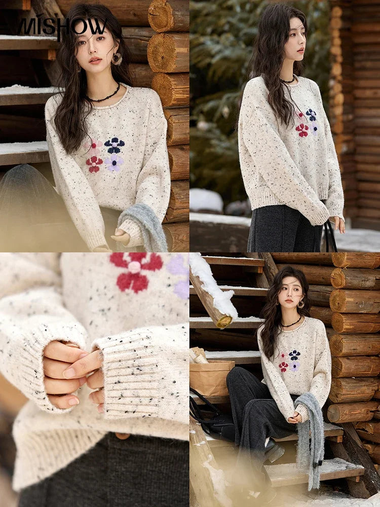 Mishow Wool Blend Flower Color Dots O-Neck Pullover MXD56Z1066