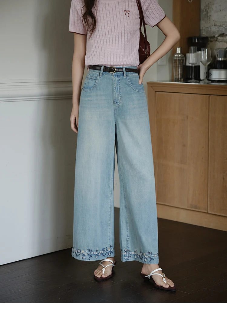 Mishow Flower Embroidery High Waist Wide Leg Jeans MXE37K0991