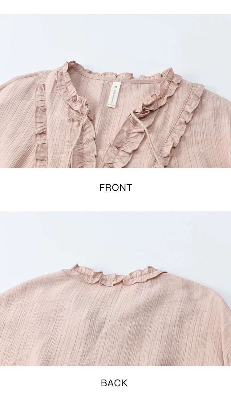 MISHOW Pink Blouse V-Neck Bubble Sleeve Fold Edge MXE45X2485