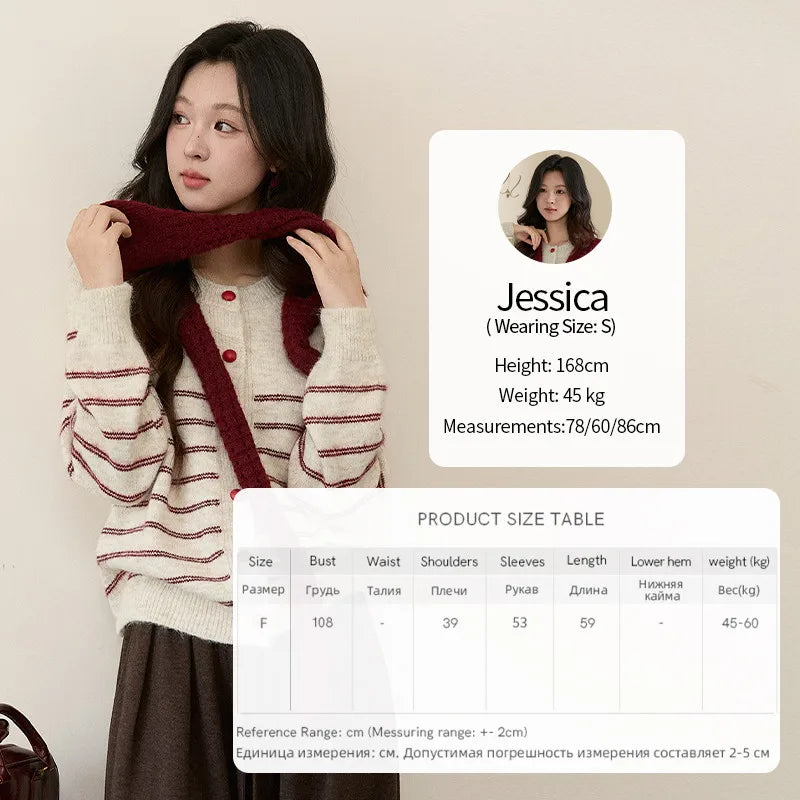 Mishow Beige Striped Red Scarf Button Cardigan MXE93Z2948