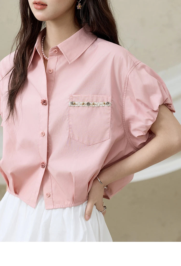 MISHOW Short Puff Sleeve Blouse Turn Down Collar Shell Ribbon MXE33C0773