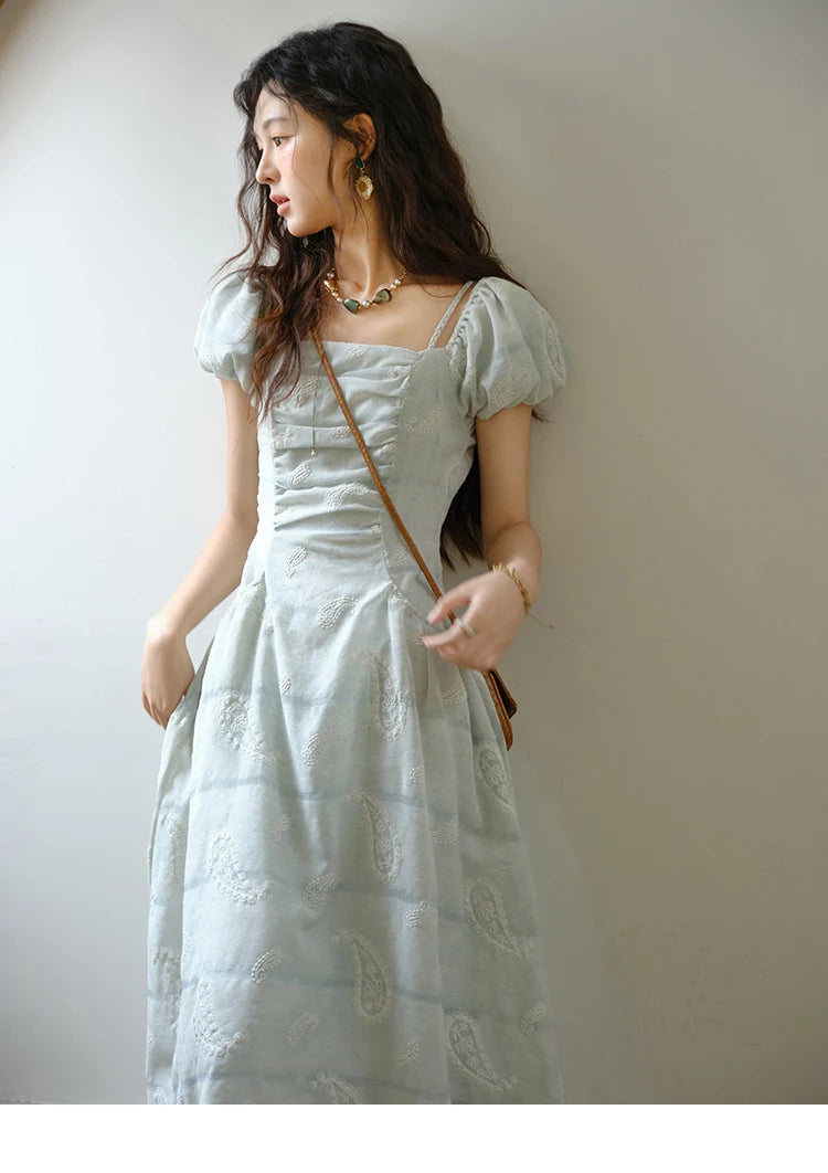 Mishow Paisley Embroidery Square Neck Puff Sleeve Dress MXE34L2265
