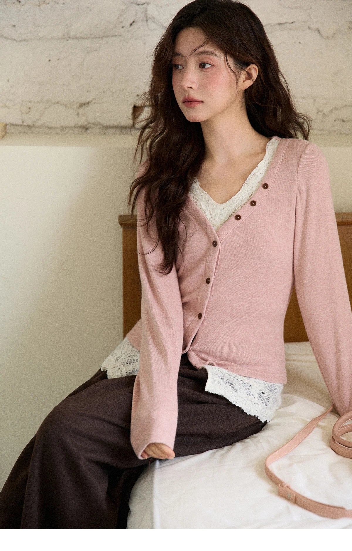 Mishow V-Neck Lace Trim Knit Top MXE86Z2673