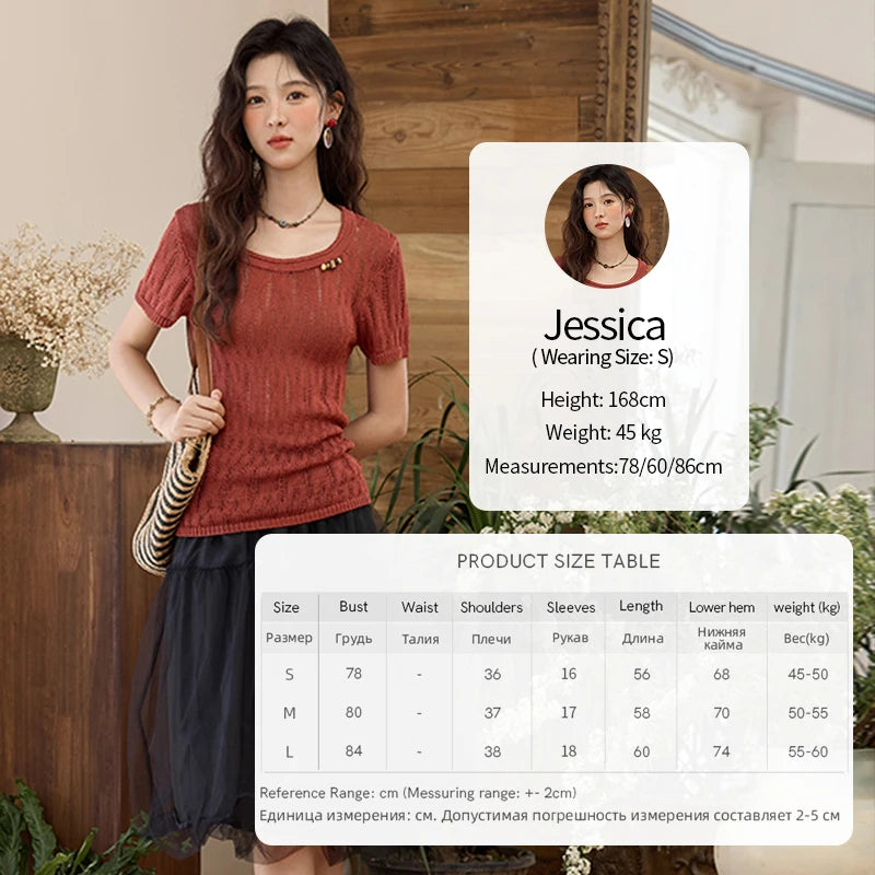 Mishow Retro Red Hollow Bead Knit Tee MXE35Z1271