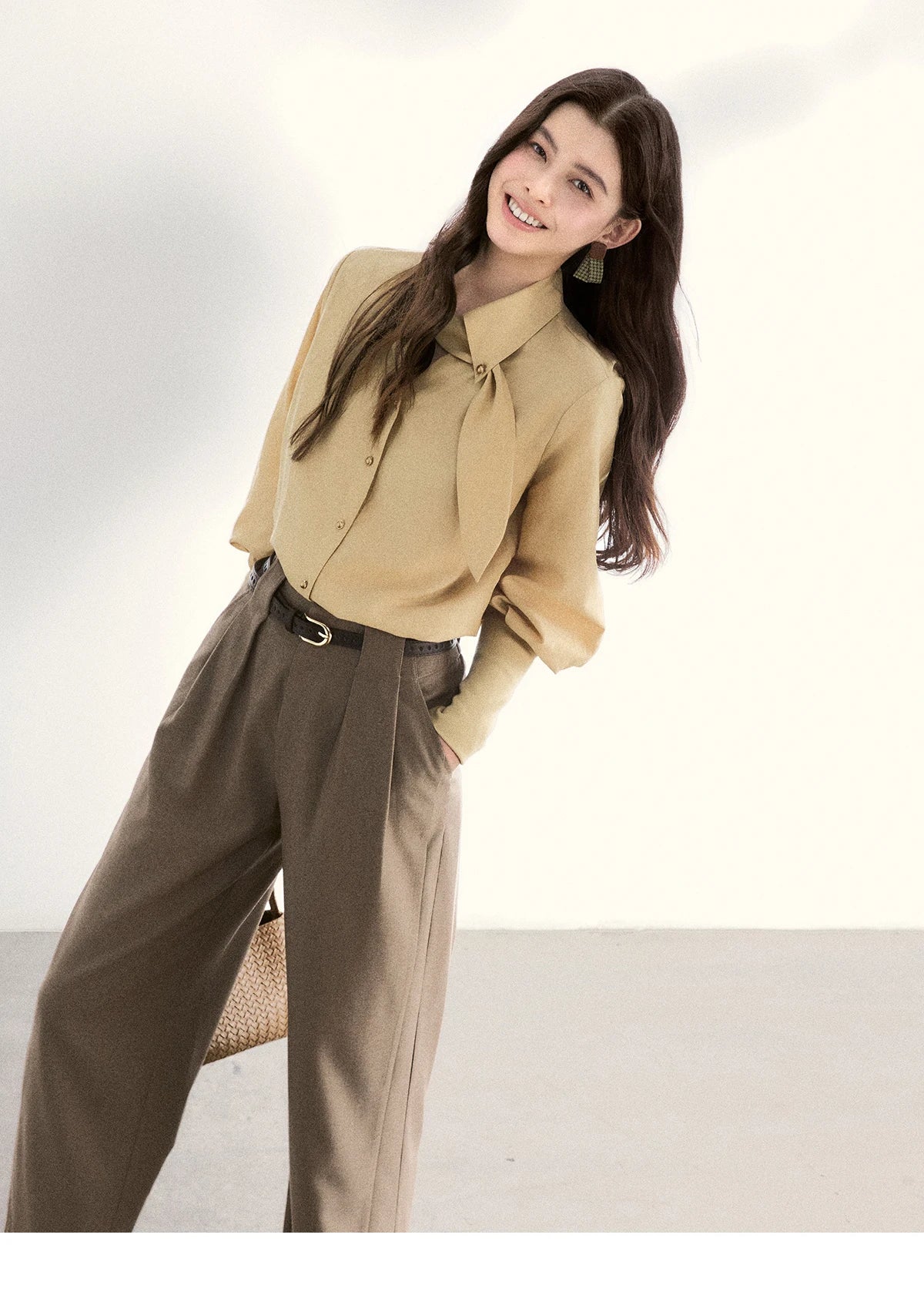 MISHOW Women's Tie Neck Shirt Hollow Out Knitted Patchwork Puff Sleeve MXF108C0812