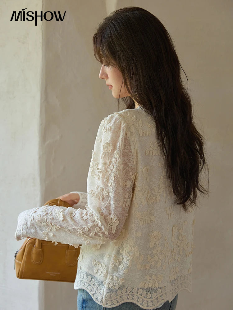 MISHOW Lace Jacquard Embroidered Shirt Black Fungus Edge MXE41X1927