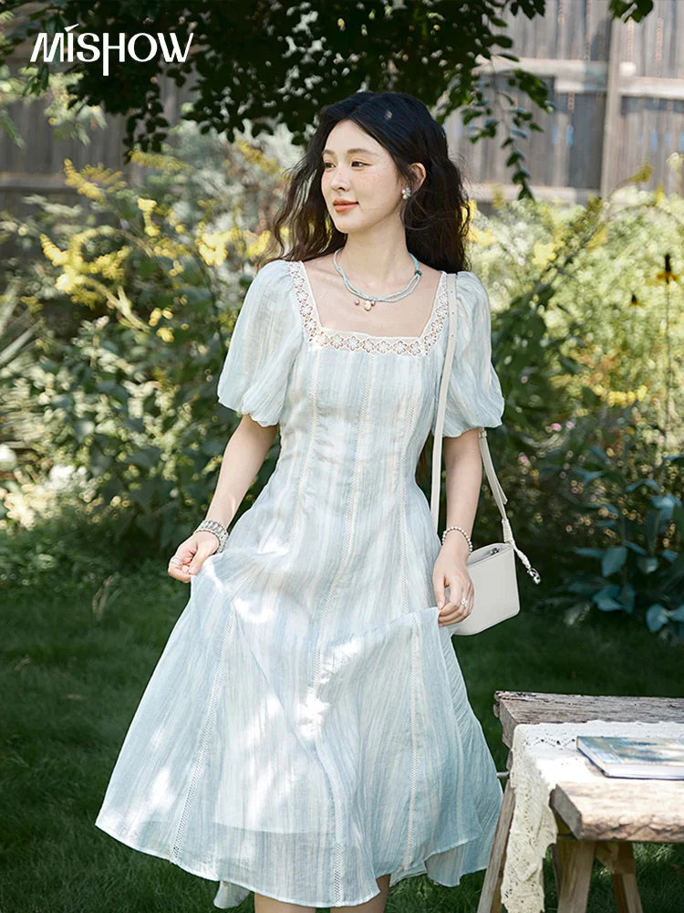 Mishow Striped Square Neck Lace Hollow Dress MXE39L2403