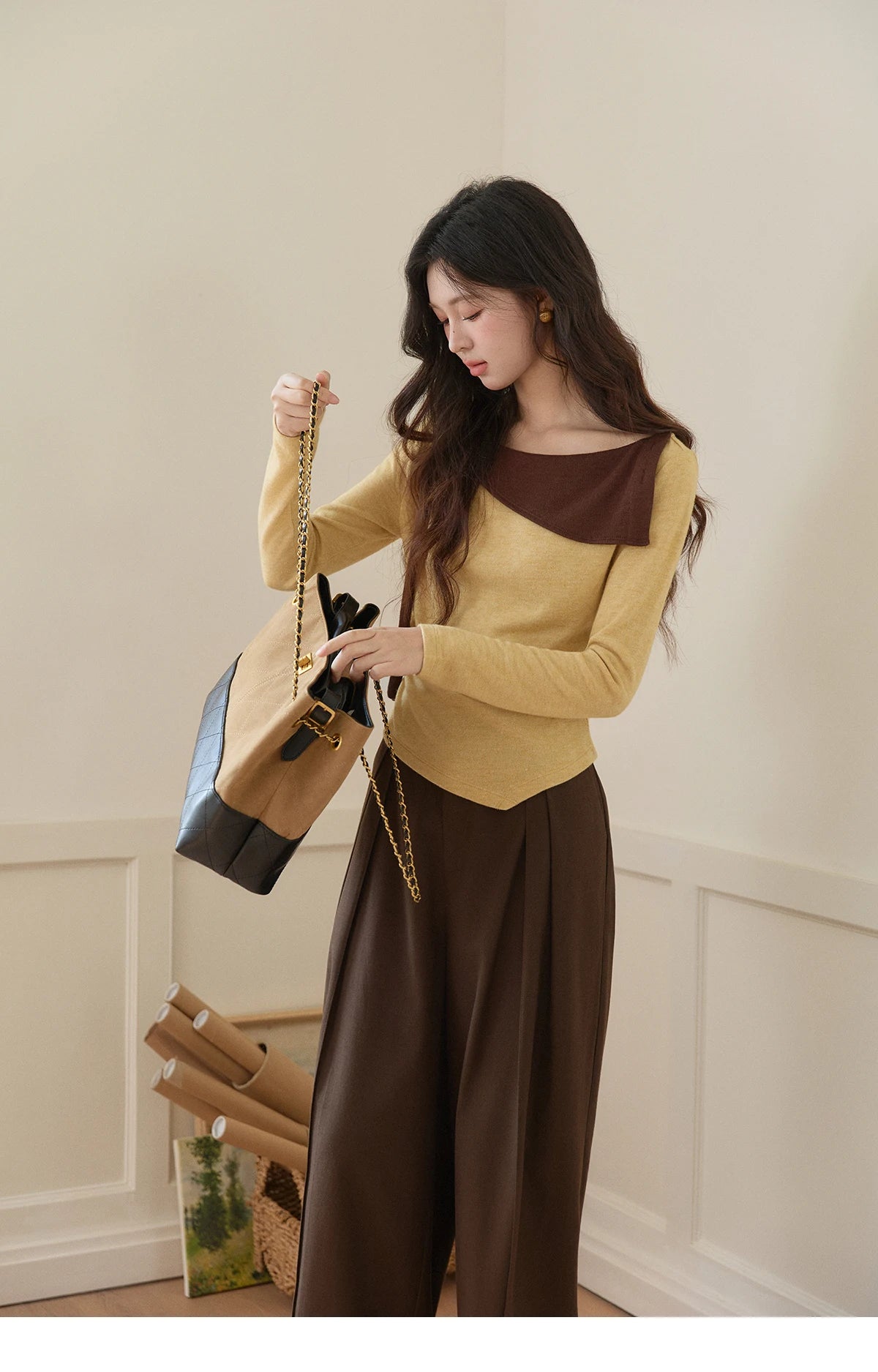 Mishow Yellow Brown Contrast Oblique Collar Knit Top MXF11Z2911