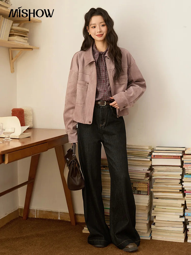 MISHOW Taro Purple Leather Jacket Contrast Splicing Double-Layer Pocket MXE44W0816
