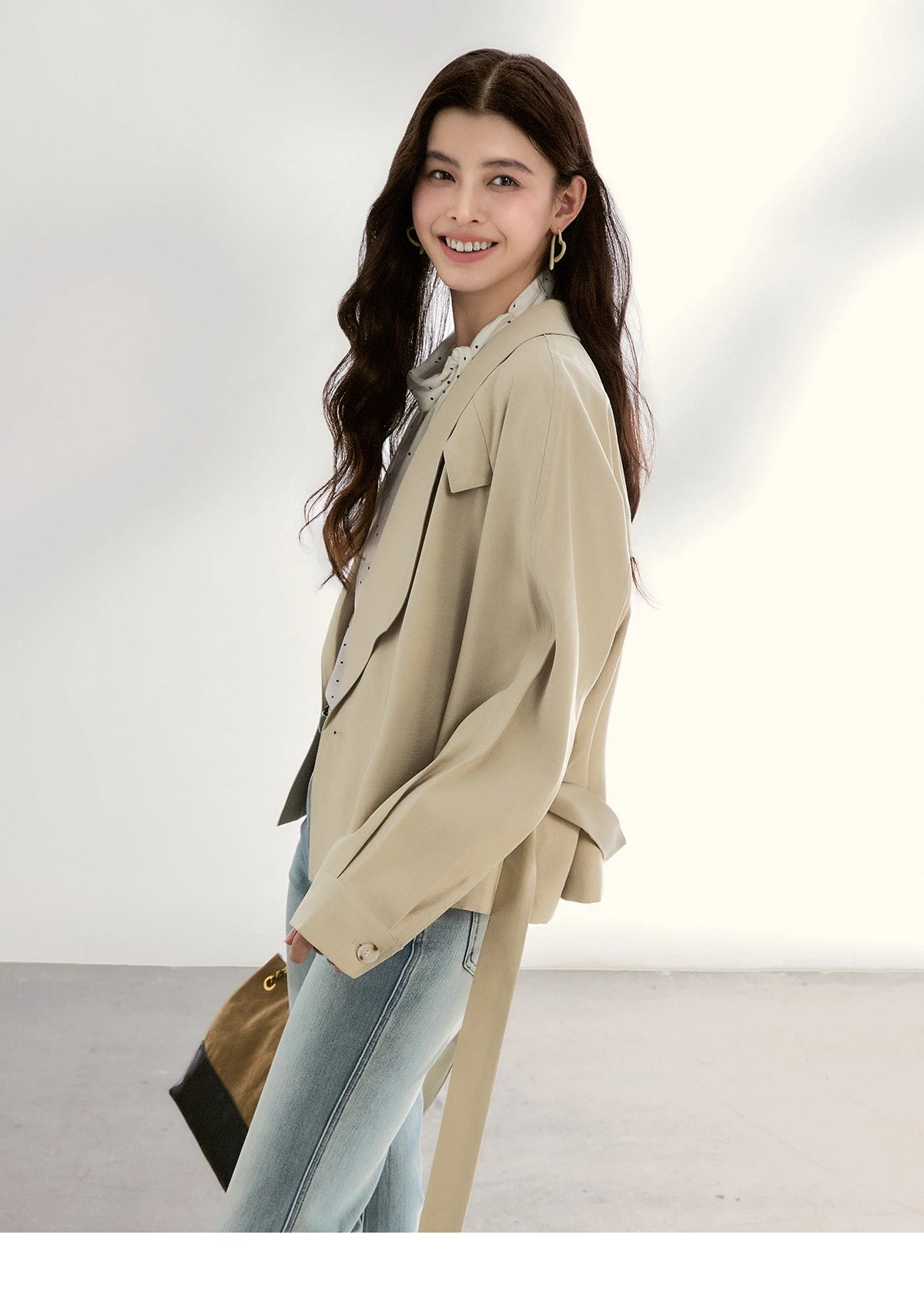 MISHOW Khaki Belted Waist Coat Lapel Double-Breasted Short MXF13W1056