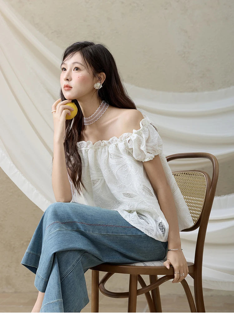 MISHOW Slash Neck Lace Blouse Short Sleeve Solid MXE35X1775