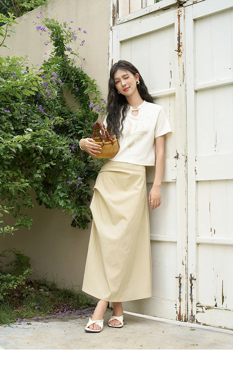 Mishow Chinese Stand Collar Ink Print Top & Pleated Skirt Set MXD27T0272