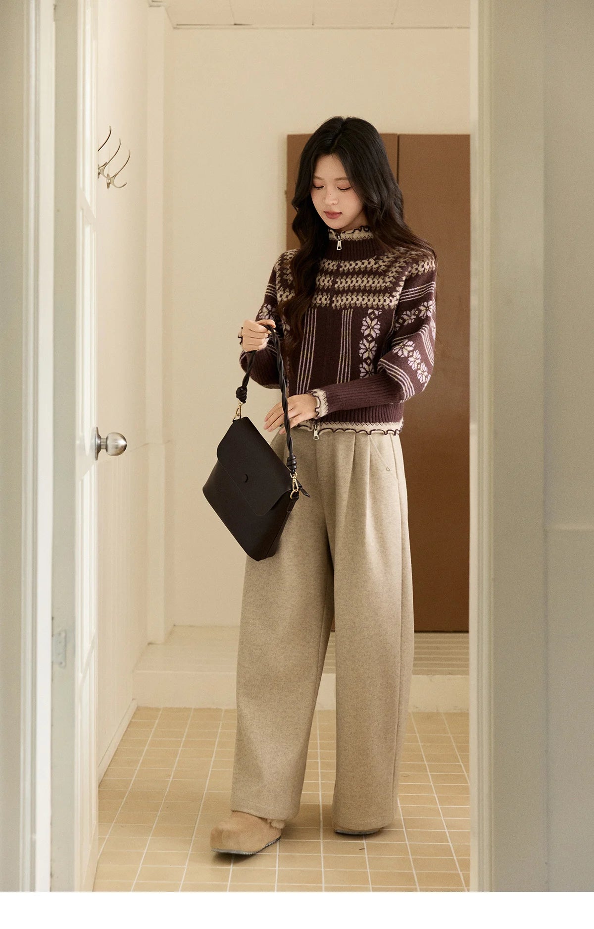 Mishow Brown Fair Isle Lantern Sleeve Zipper Top MXE91Z2868