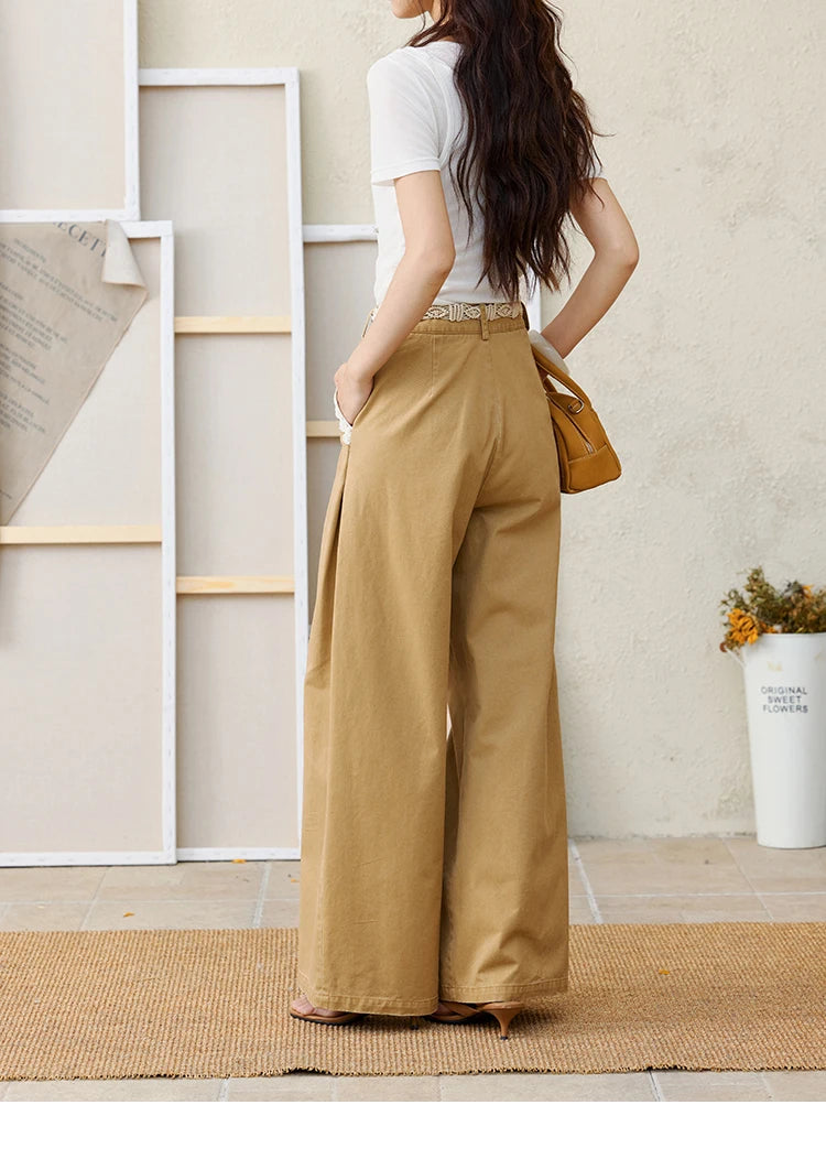 MISHOW Cotton Khaki Lace Patchwork Wide Leg Pants High Waist MXE34K0925