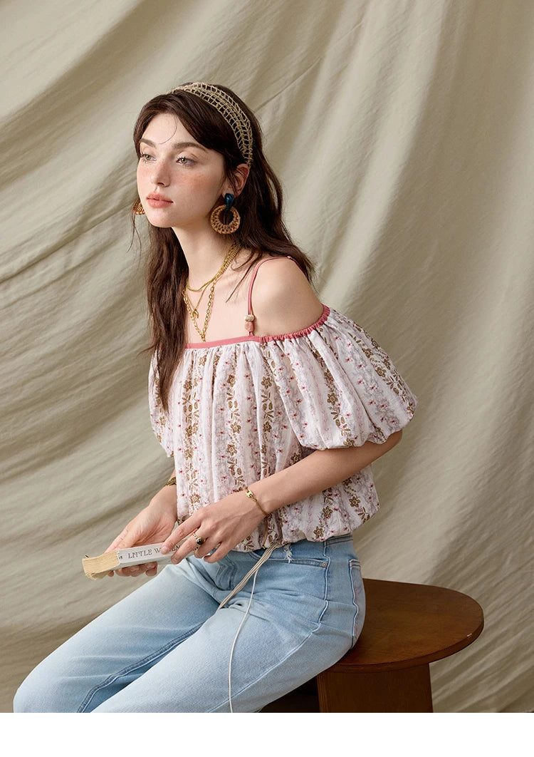 MISHOW One-Shoulder Floral Blouse Short Sleeve Contrast MXE31X1767
