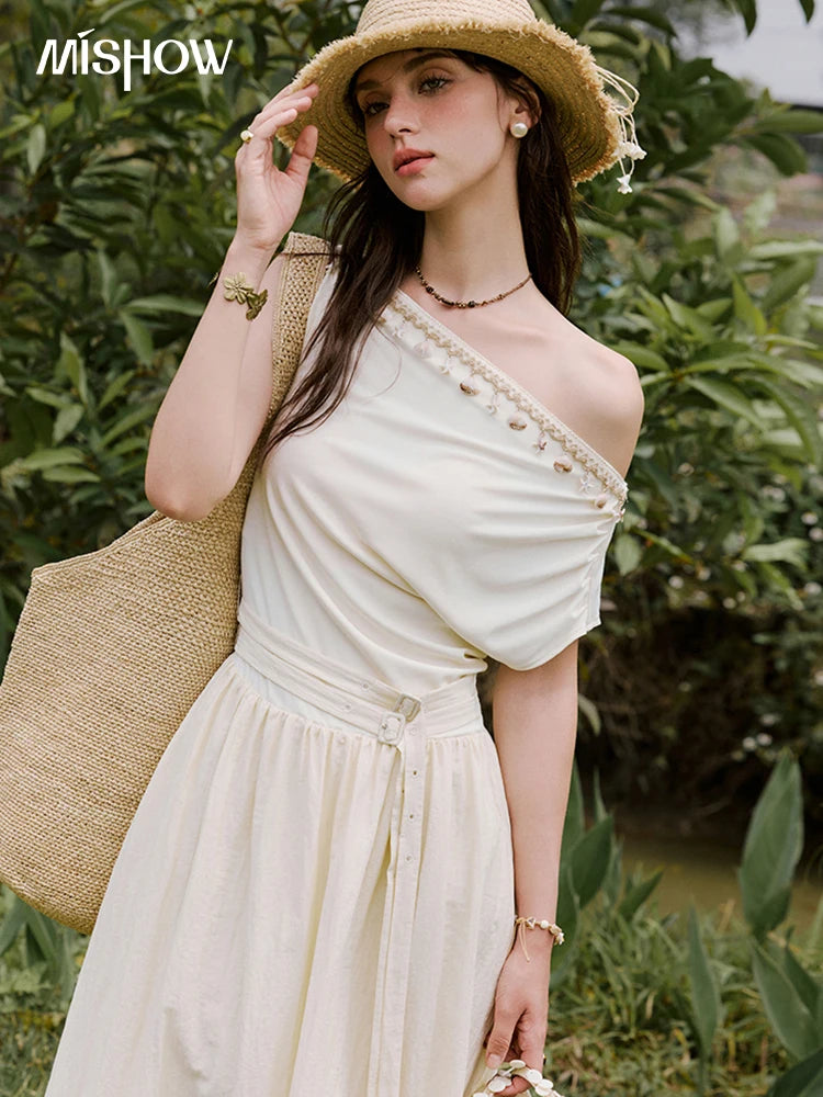 Mishow Shell Webbing Oblique Collar Slim Dress MXE31L2189