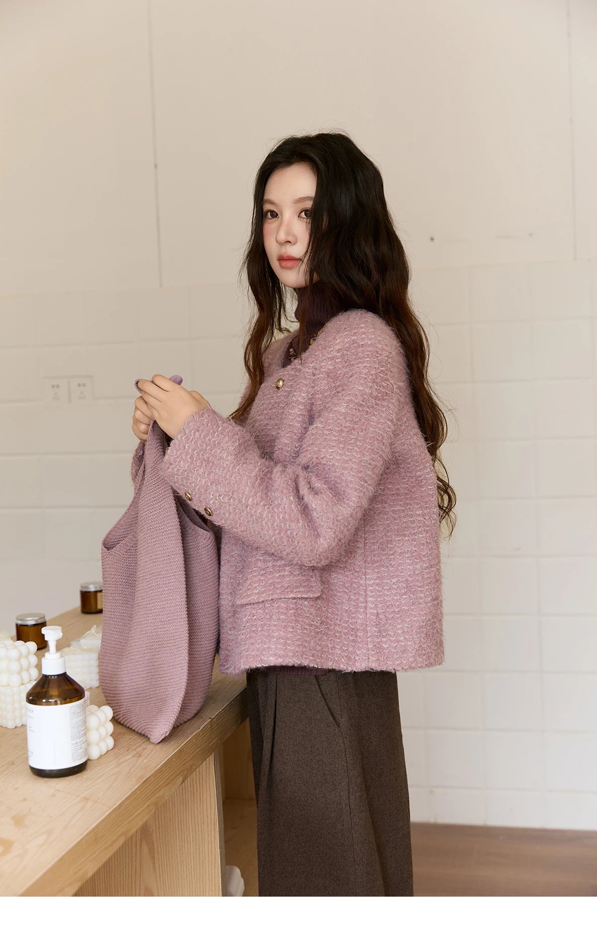 Mishow Purple Double-Breasted Tweed Wool Coat MXE88W0881
