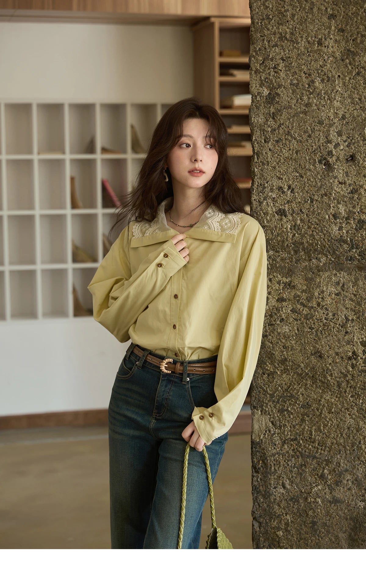 MISHOW Solid Cotton Shirt V-Neck Double Layer Lace MXE41C2366