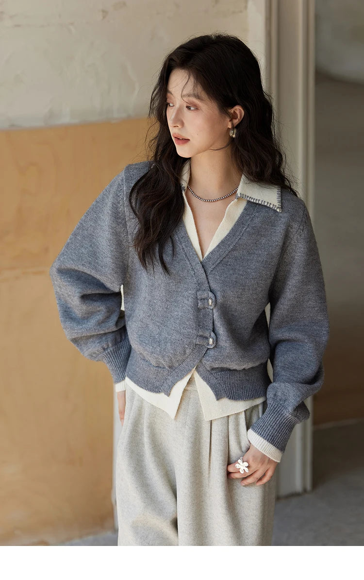 Mishow Fake Two-Piece Splicing V-Neck Cardigan MXD41Z0712