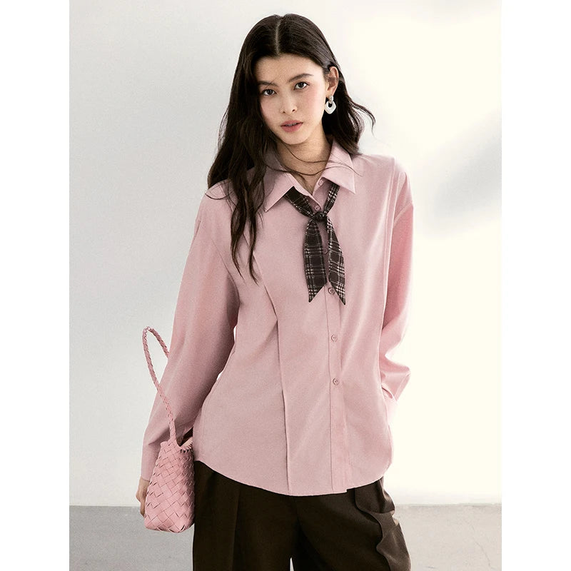 MISHOW Casual Loose Shirt with Plaid Scarf Lapel Top MXF108C0815