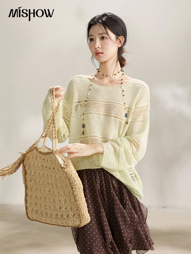 Mishow Pale Yellow Crew Neck Hollow Top MXF13Z3020