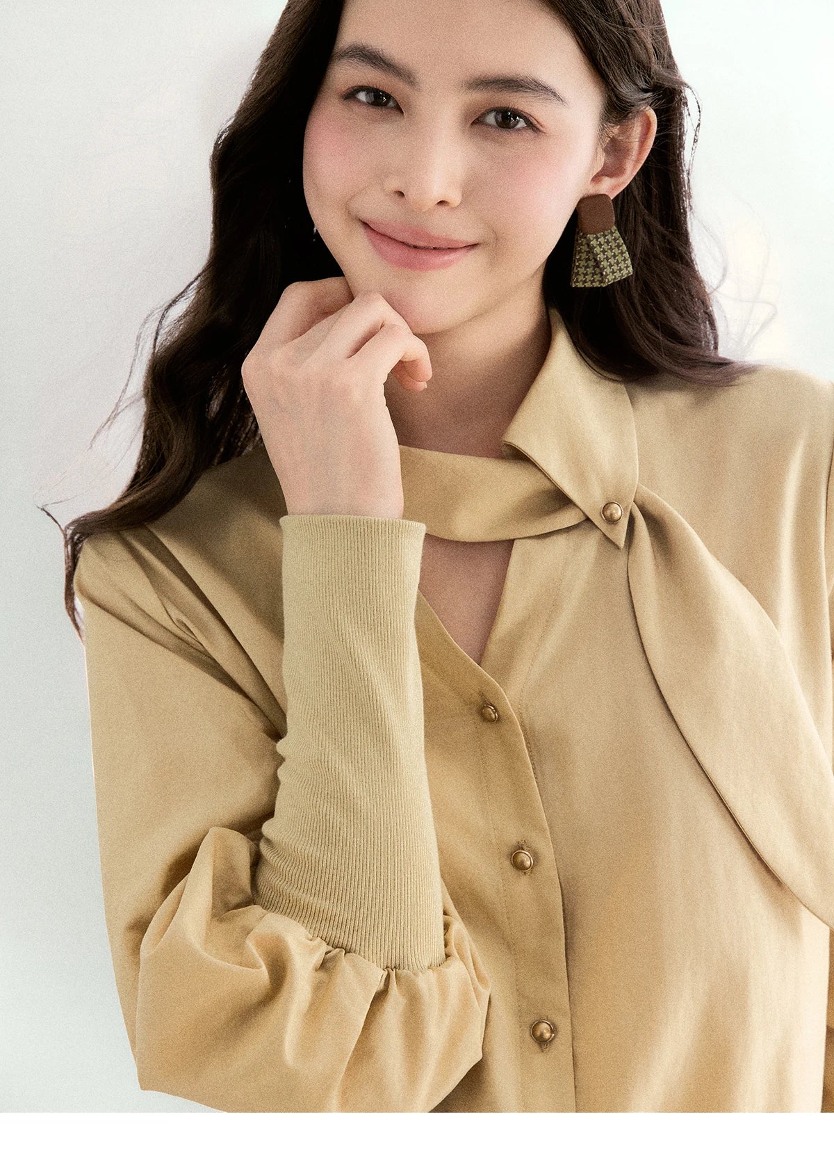 MISHOW Women's Tie Neck Shirt Hollow Out Knitted Patchwork Puff Sleeve MXF108C0812